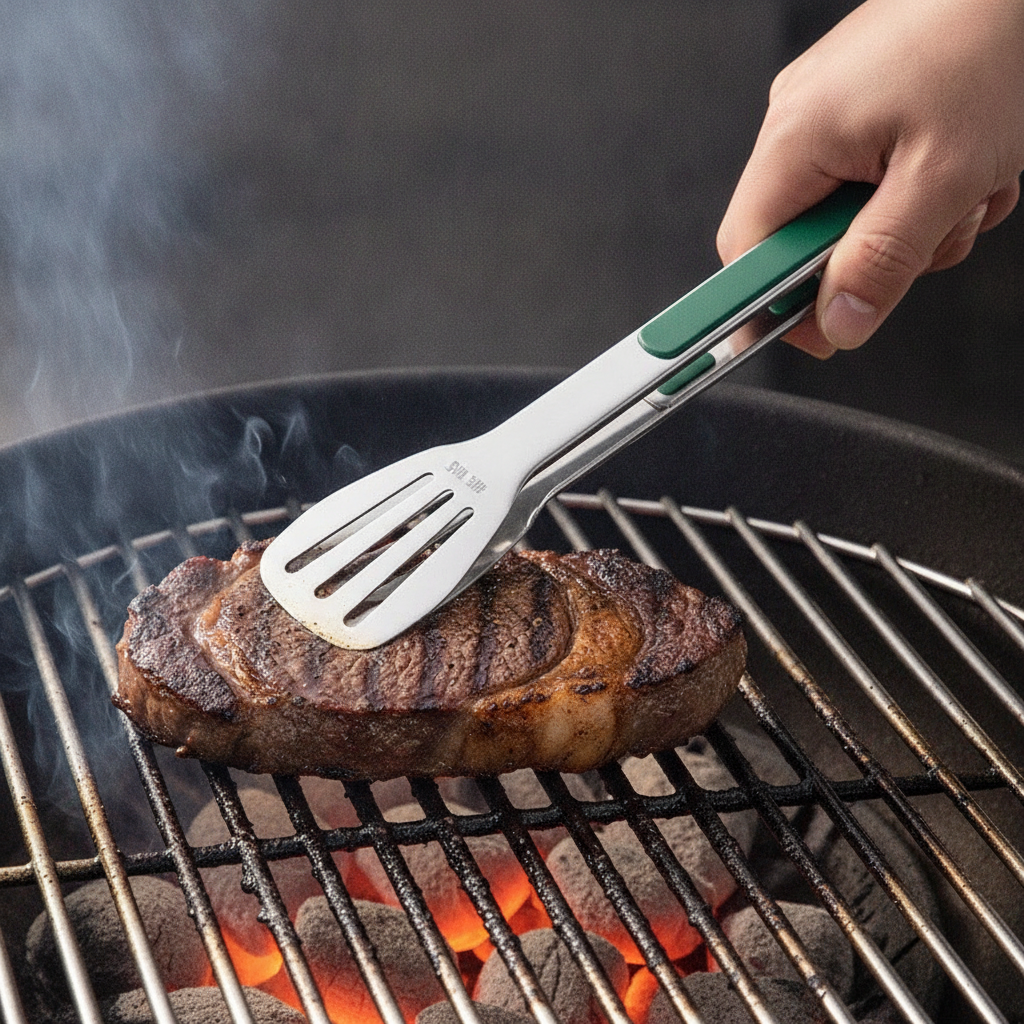 Kitchen tongs gripping a seared steak over a grill