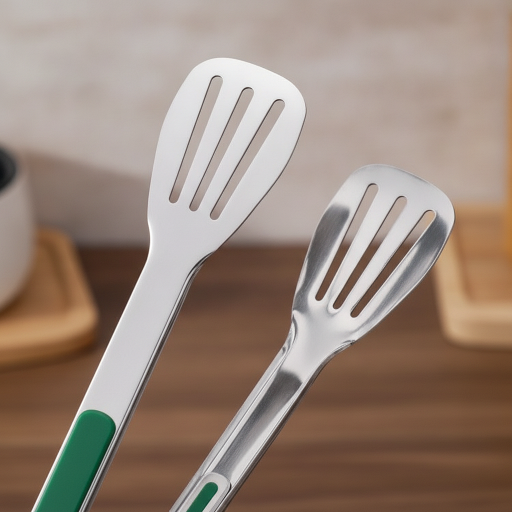 Close-up of the slotted stainless steel gripping head and green silicone grip
