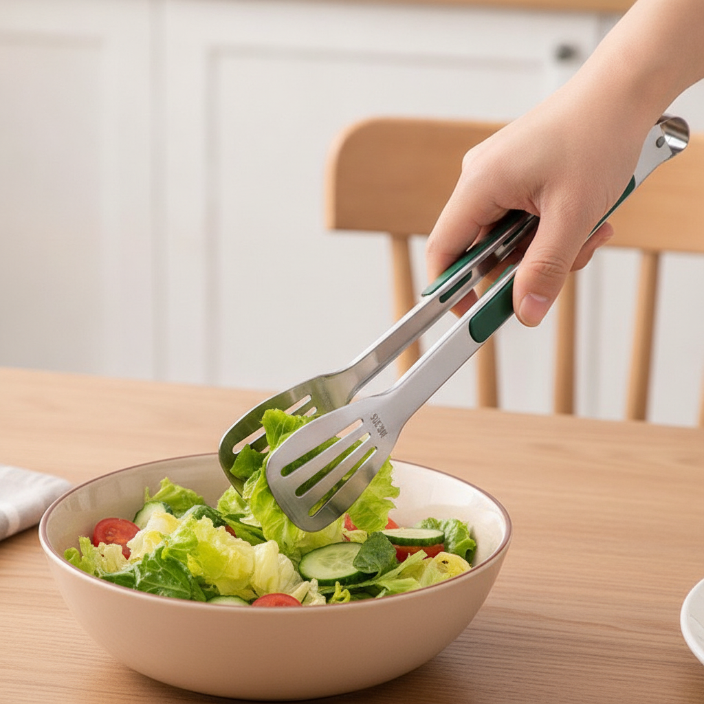 Kitchen tongs serving fresh salad into a bowl