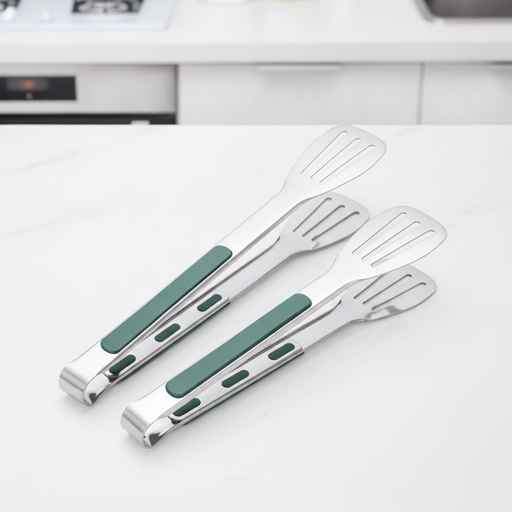 Large and medium stainless steel kitchen tongs shown side by side