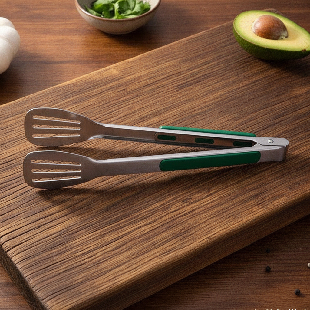 Stainless steel kitchen tongs resting on a wood cutting board