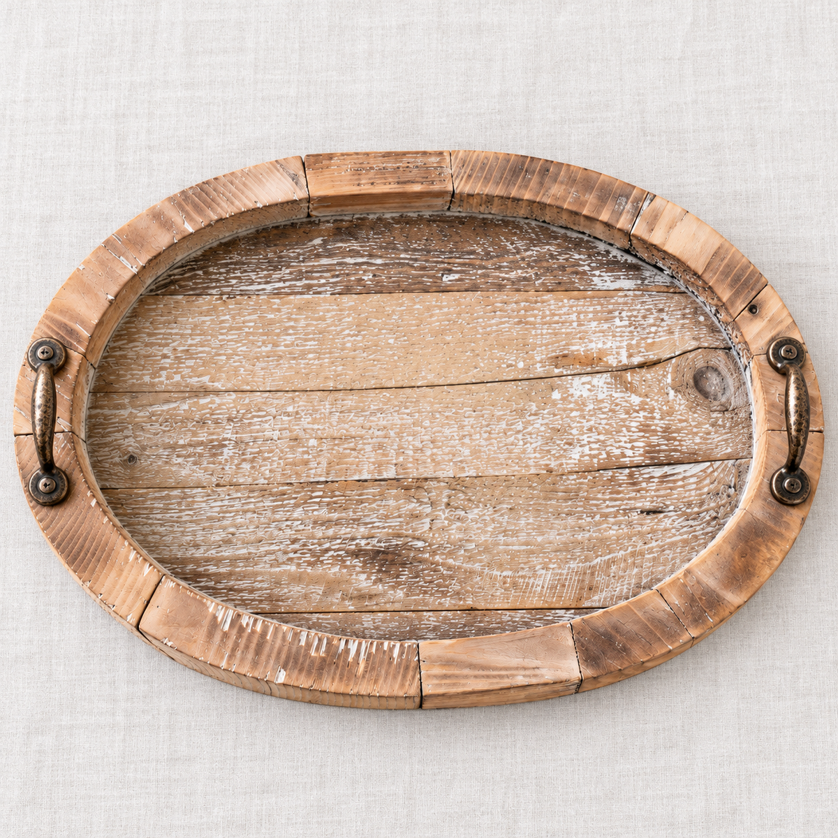 Rustic oval tray empty interior viewed from directly above