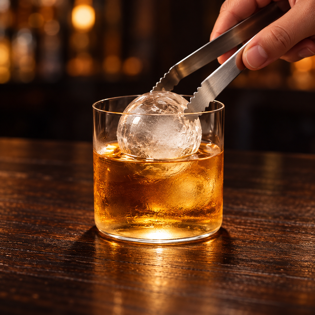 Short cylindrical glass with whiskey and ice
