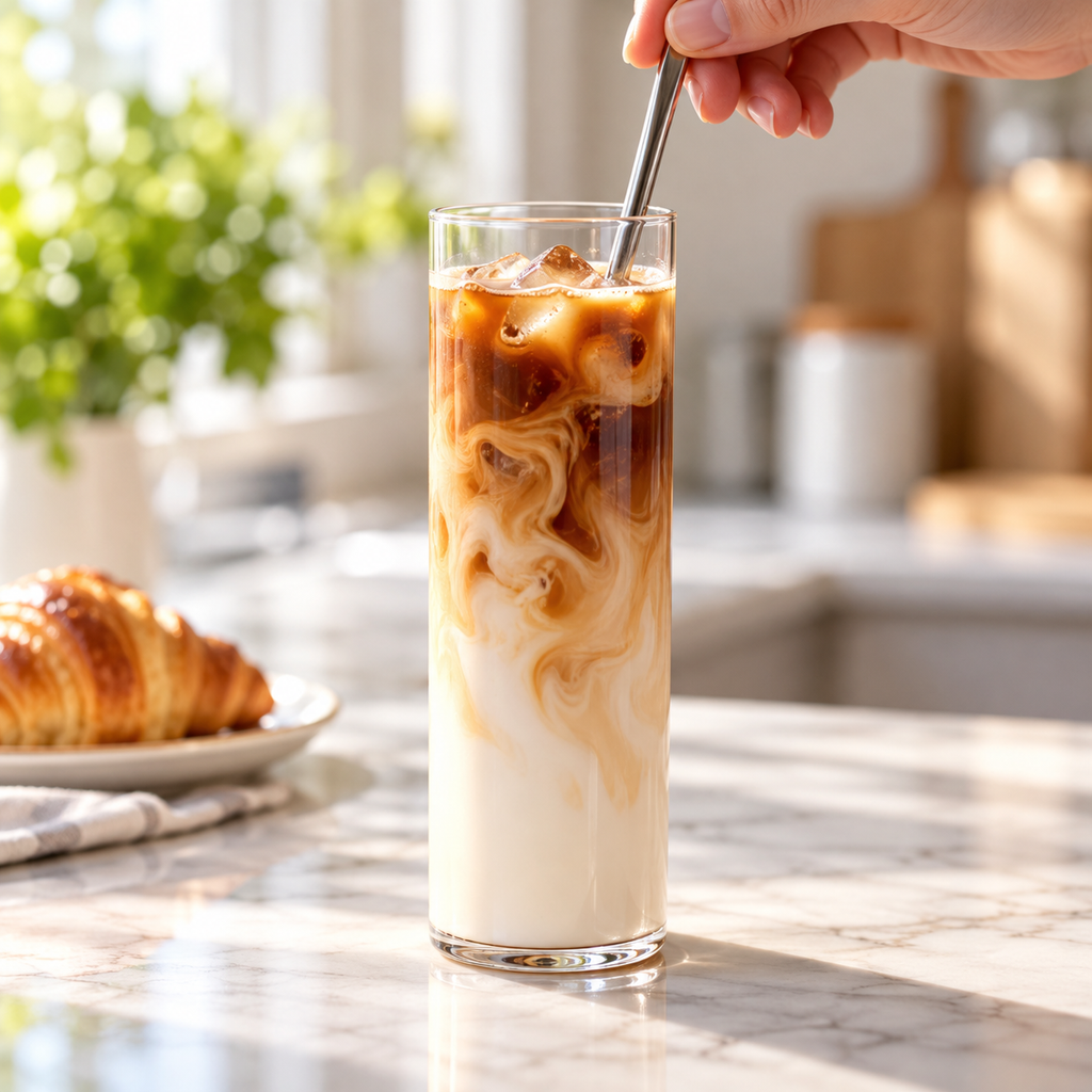 Tall slender cylindrical glass used for iced latte