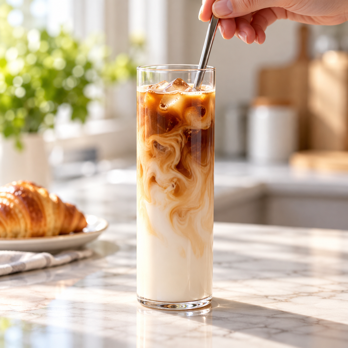 Tall slender cylindrical glass used for iced latte