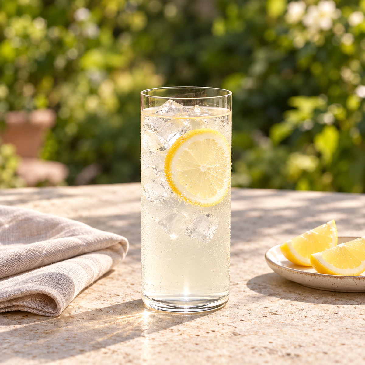 Medium cylindrical glass with lemonade on a sunny patio