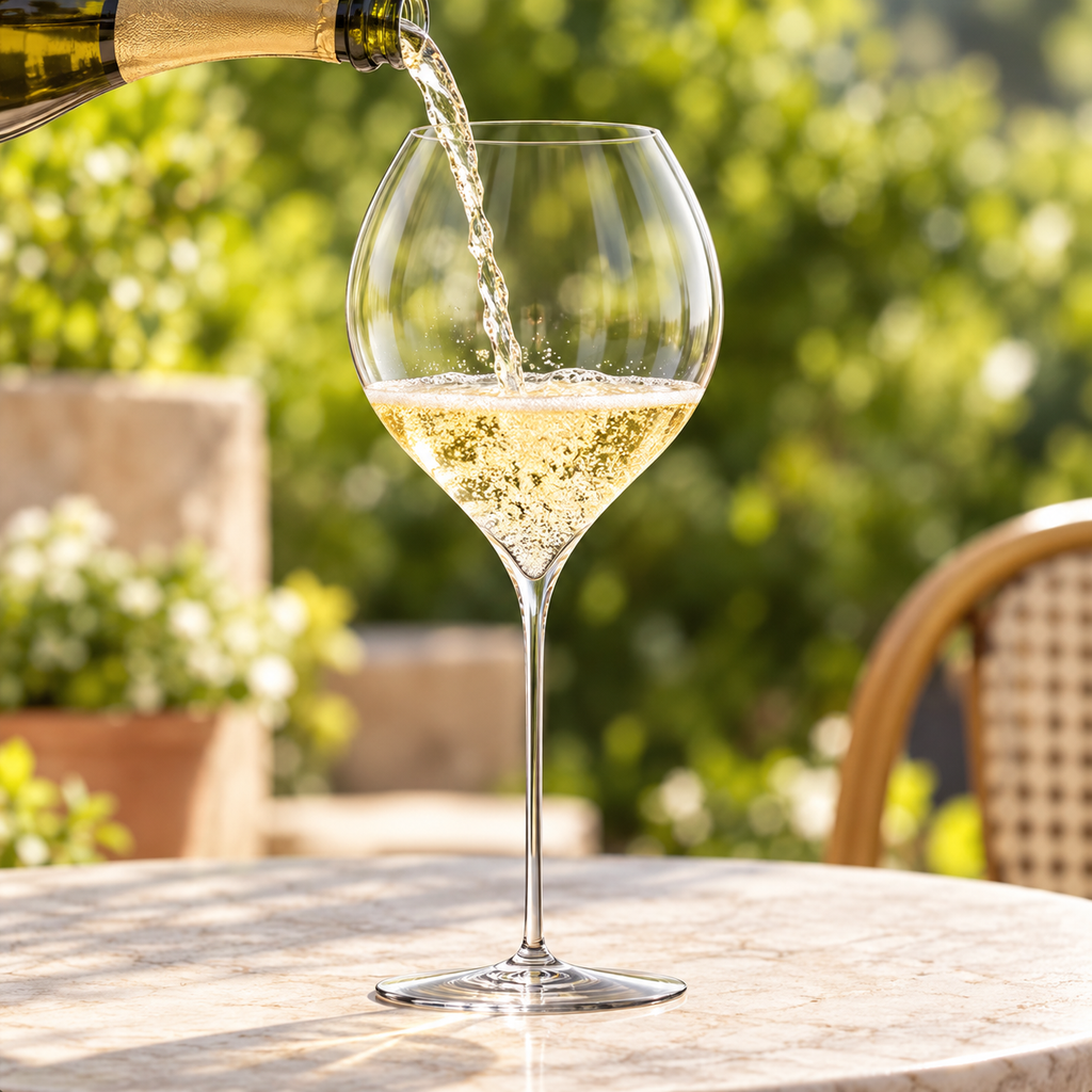 Universal wine glass during sparkling wine pour