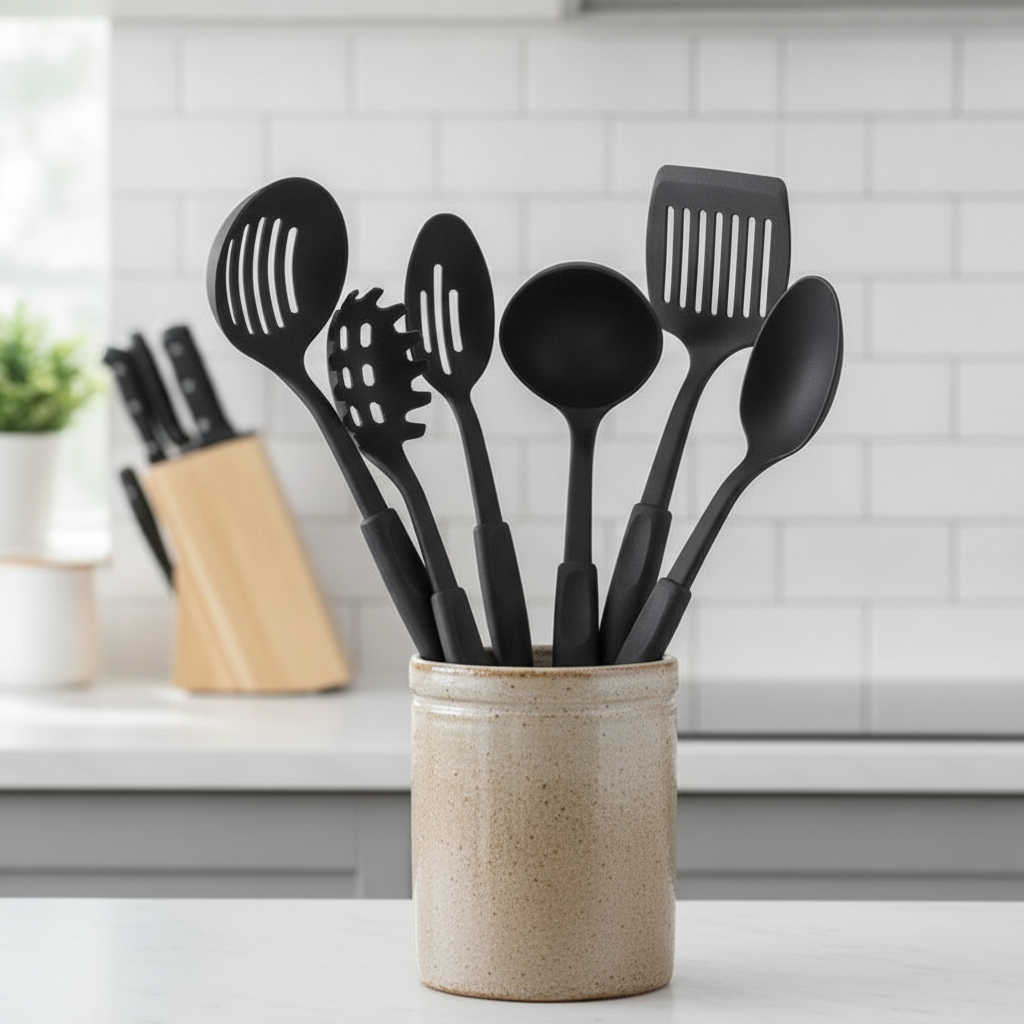 The 6-piece utensil set standing upright in a ceramic crock on a kitchen counter