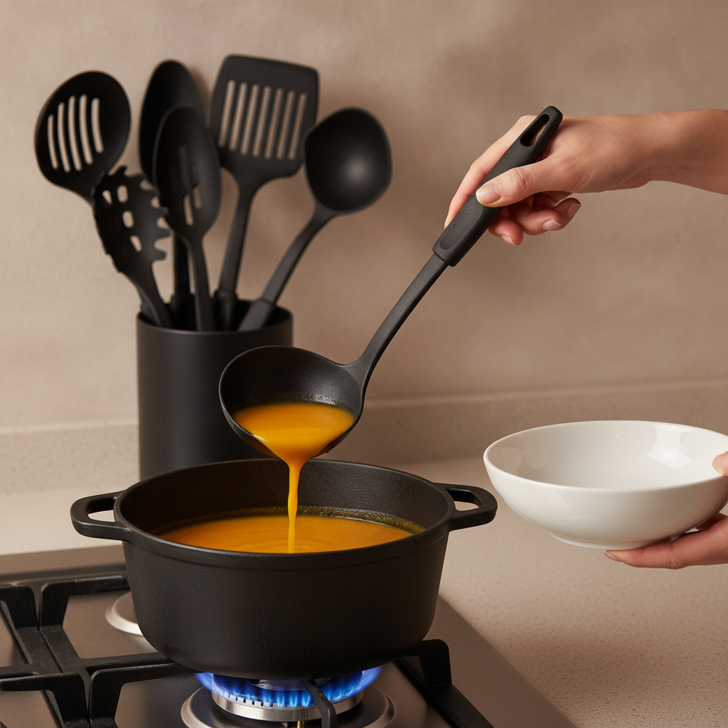 The ladle serving soup from a pot on a stovetop