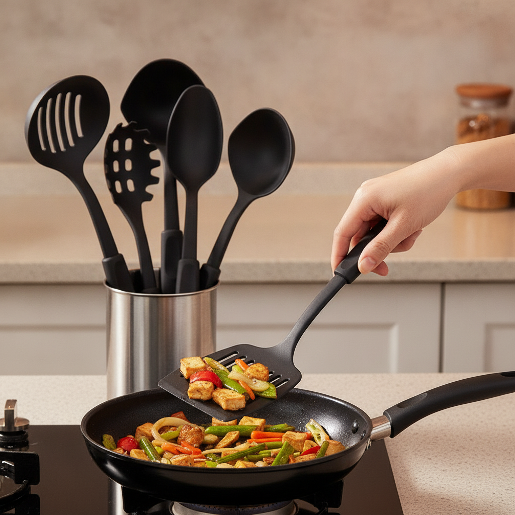The slotted turner lifting food from a frying pan
