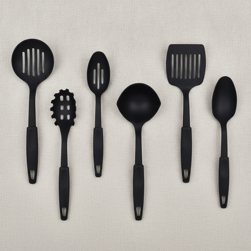 Flat-lay of all six utensils on a linen surface
