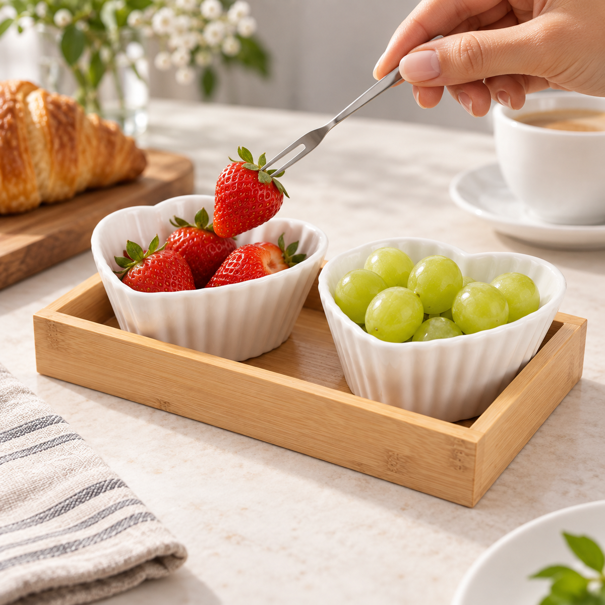 F heart-shaped fluted bowls in bamboo tray with hand picking strawberry; food and styling props not included