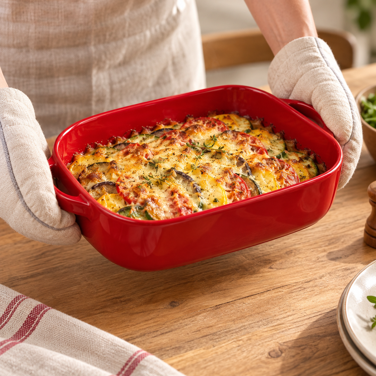 Red compact rounded-rectangular ceramic dish carried by short-end handles with oven mitts; food and props not included