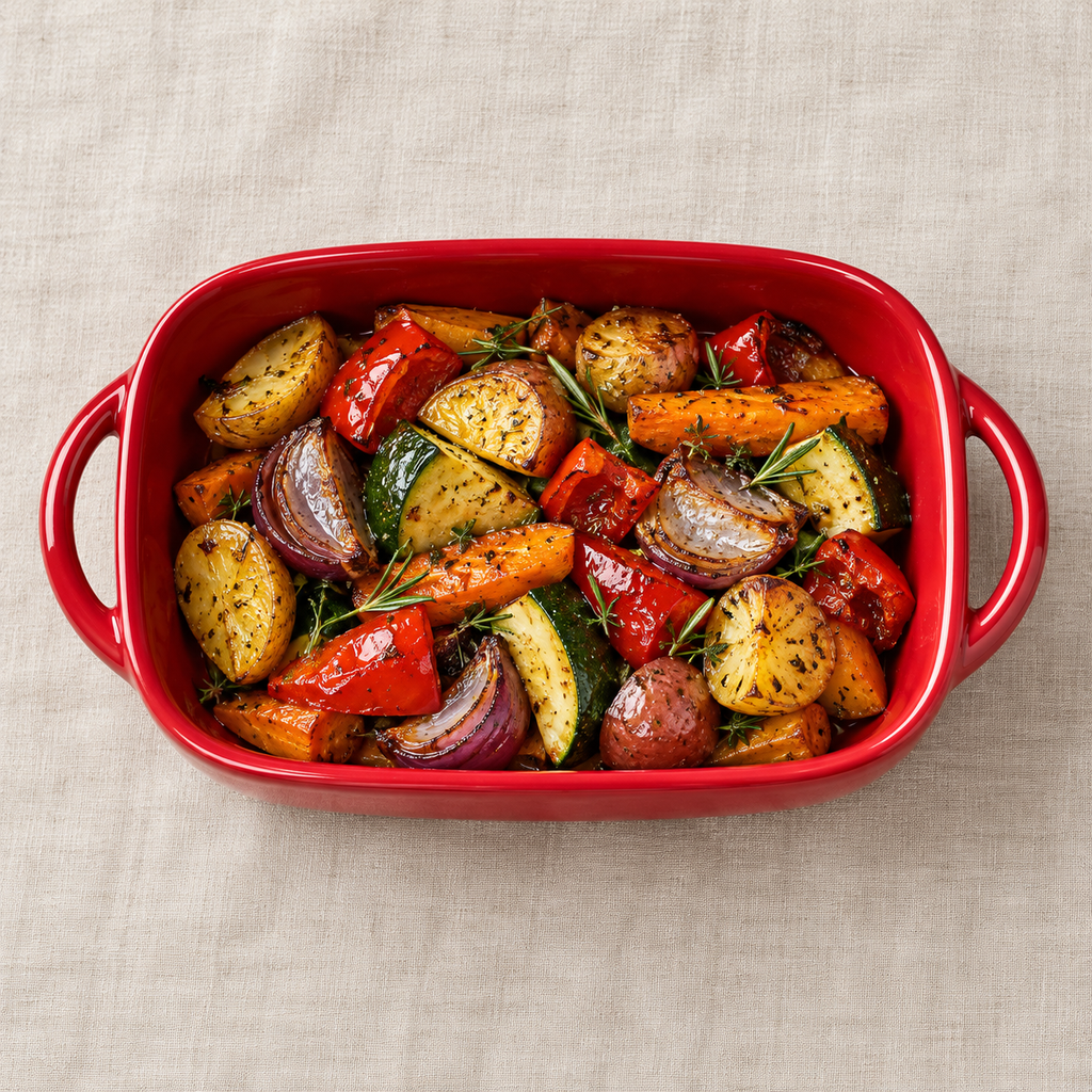 Red compact rounded-rectangular ceramic dish with short-end loop handles, overhead with roasted vegetables; food not included
