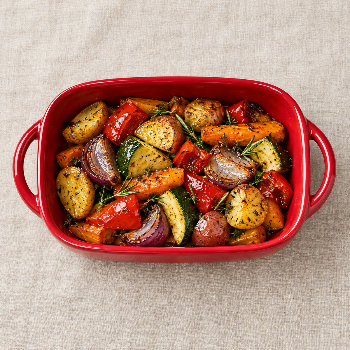 Red compact rounded-rectangular ceramic dish with short-end loop handles, overhead with roasted vegetables; food not included