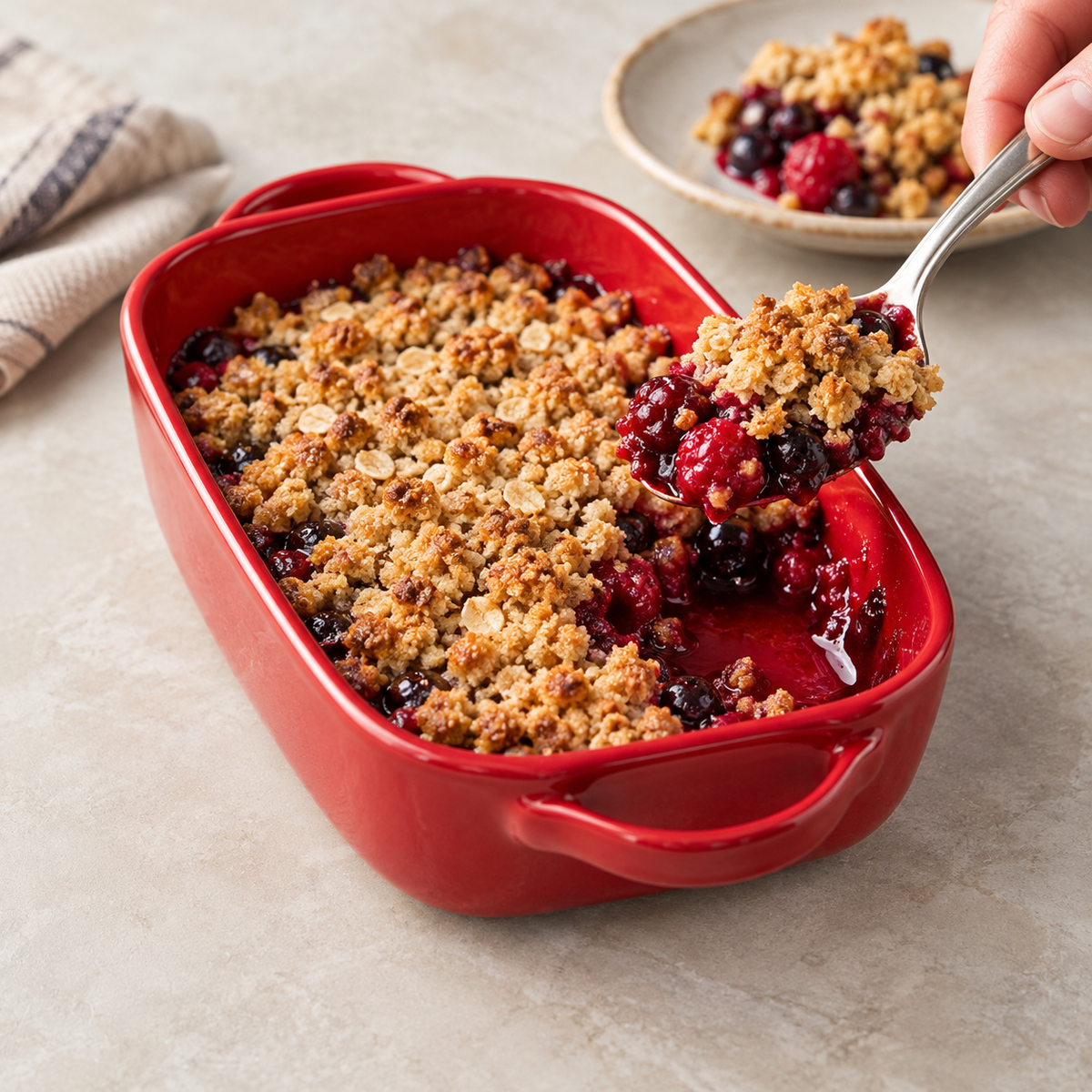 Red compact rounded-rectangular ceramic dish with berry crumble being served; food and props not included