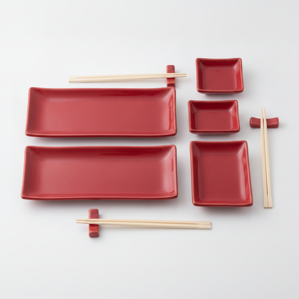 Vermiglio hand-glazed red ceramic sushi set for two, 8 pieces with serving plates, soy dishes, bamboo chopsticks and rests on white