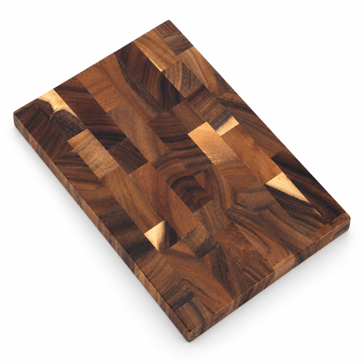 Walnut end-grain cutting board, 33 × 23 × 2 cm, on white