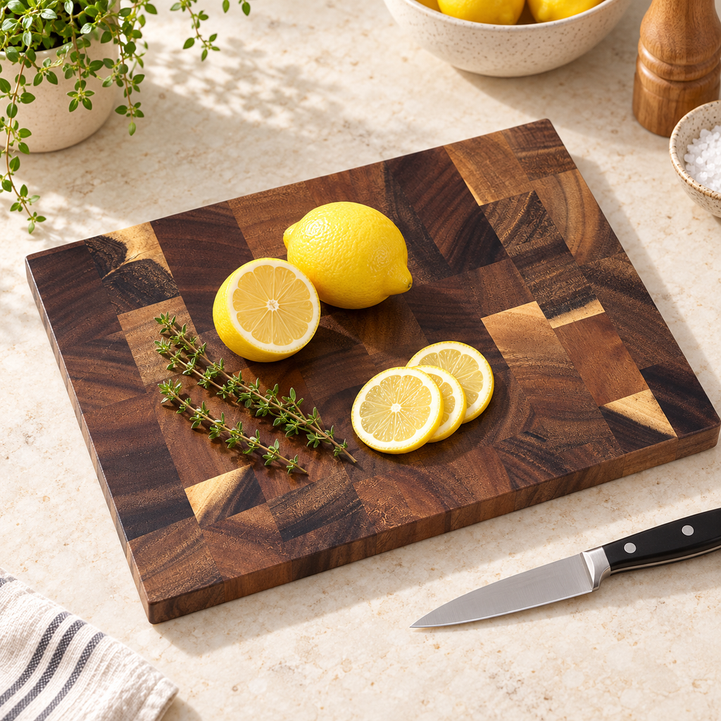 Walnut cutting board with lemon preparation in a bright kitchen