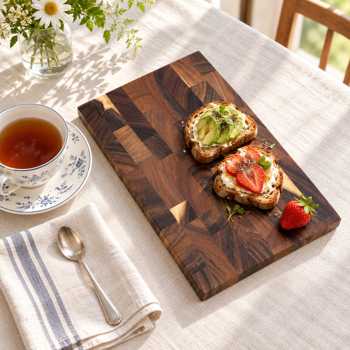 Walnut cutting board in a breakfast setting