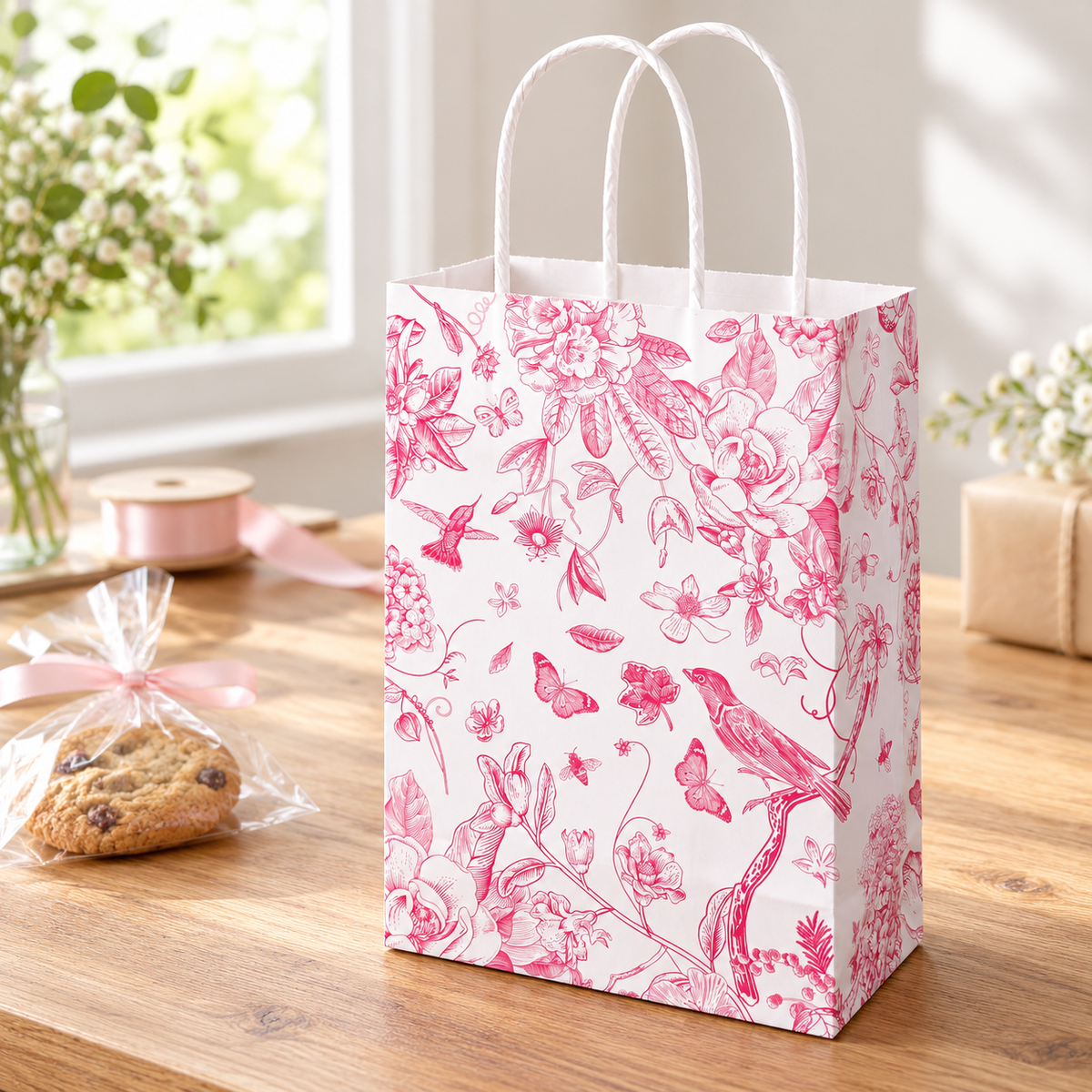 Whaline white gift bag with pink bird and floral print: gift-preparation desk; background objects are styling props