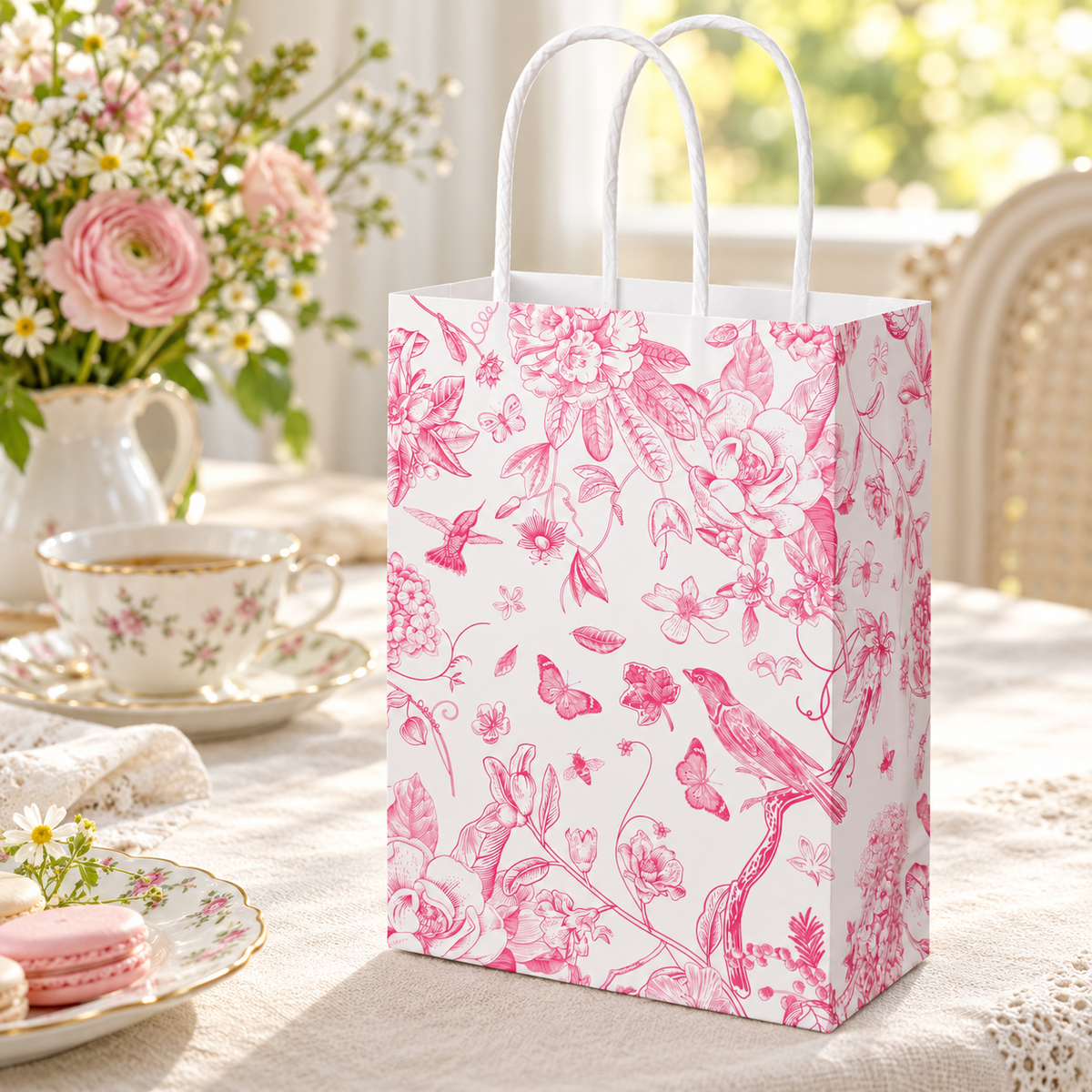 Whaline white gift bag with pink bird and floral print: floral tea-party table; background objects are styling props