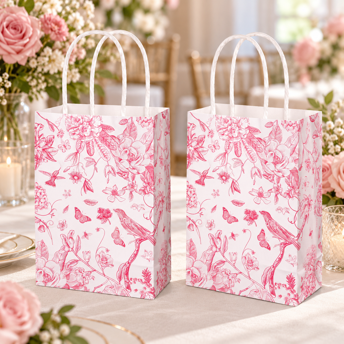 Whaline white gift bag with pink bird and floral print: two sample bags at bridal shower; background objects are styling props