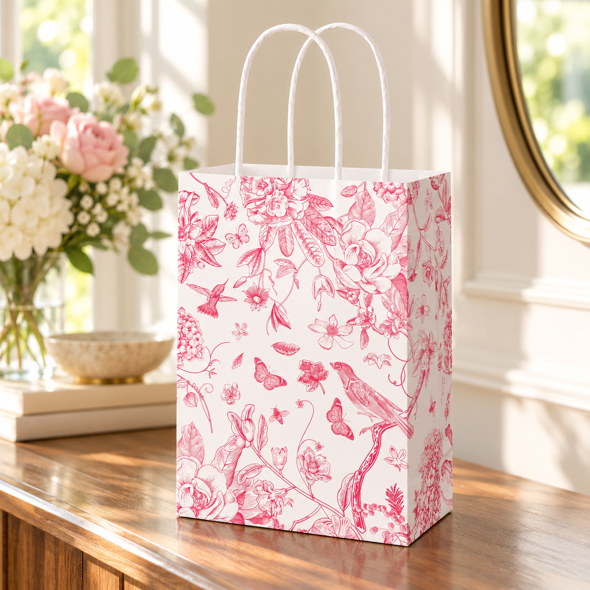 Whaline white gift bag with pink bird and floral print: home gifting scene; background objects are styling props