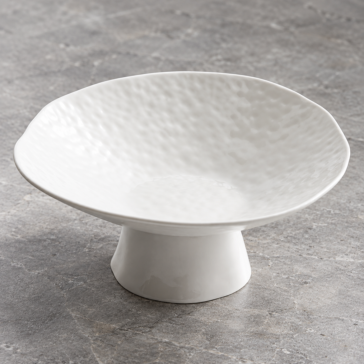 White Ceramic Pedestal Fruit Plate — ceramic shape and glaze detail