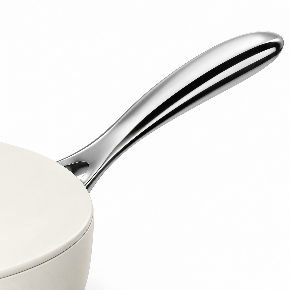 Cream wok long polished handle detail with lid closed