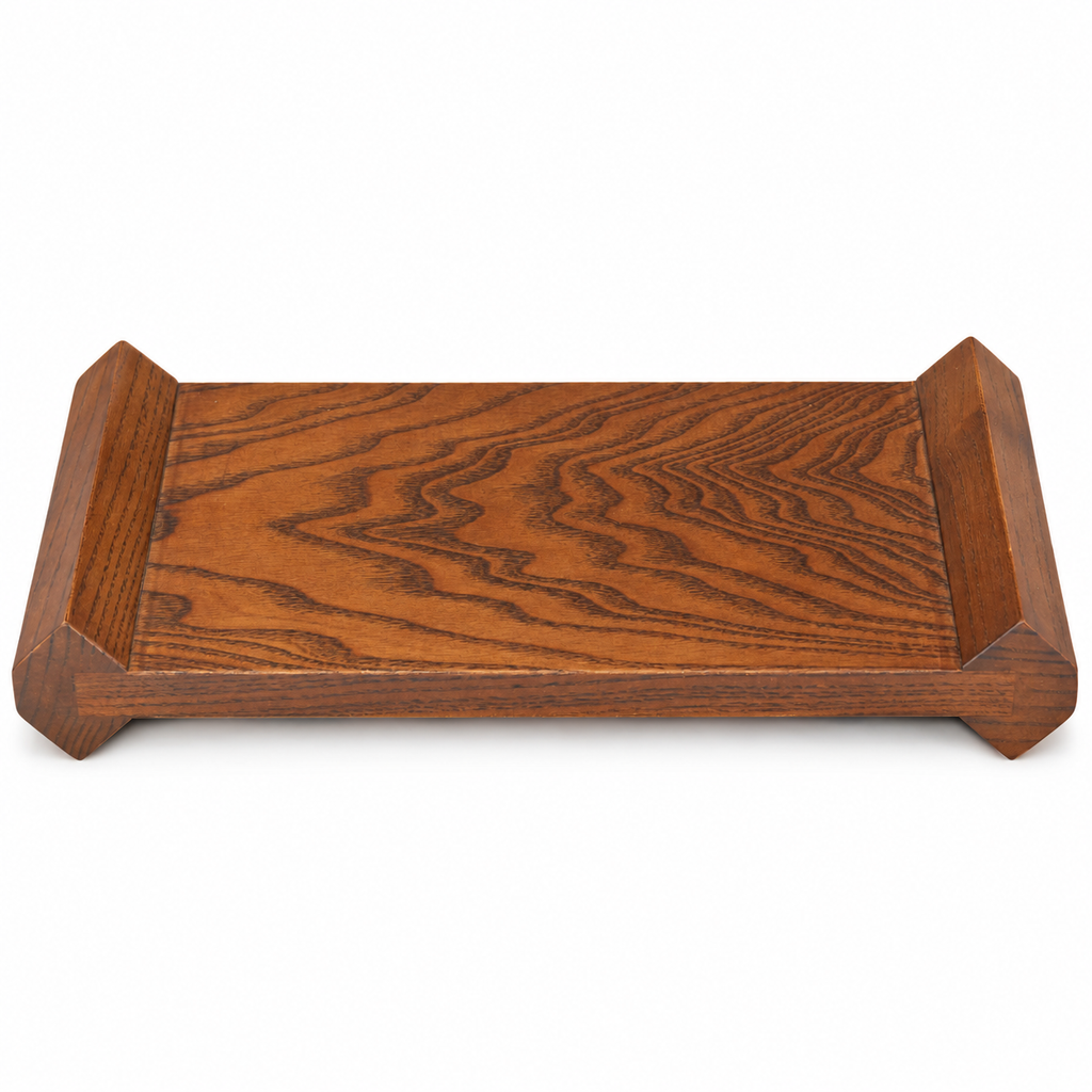 Brown wooden display riser with faceted raised ends on a white background