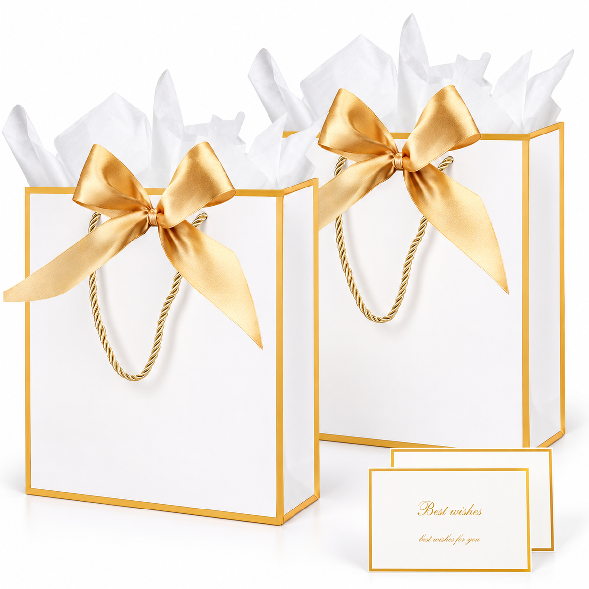 ZJHiome white gift bag with gold ribbon bow: white studio showing two bags; background objects are styling props