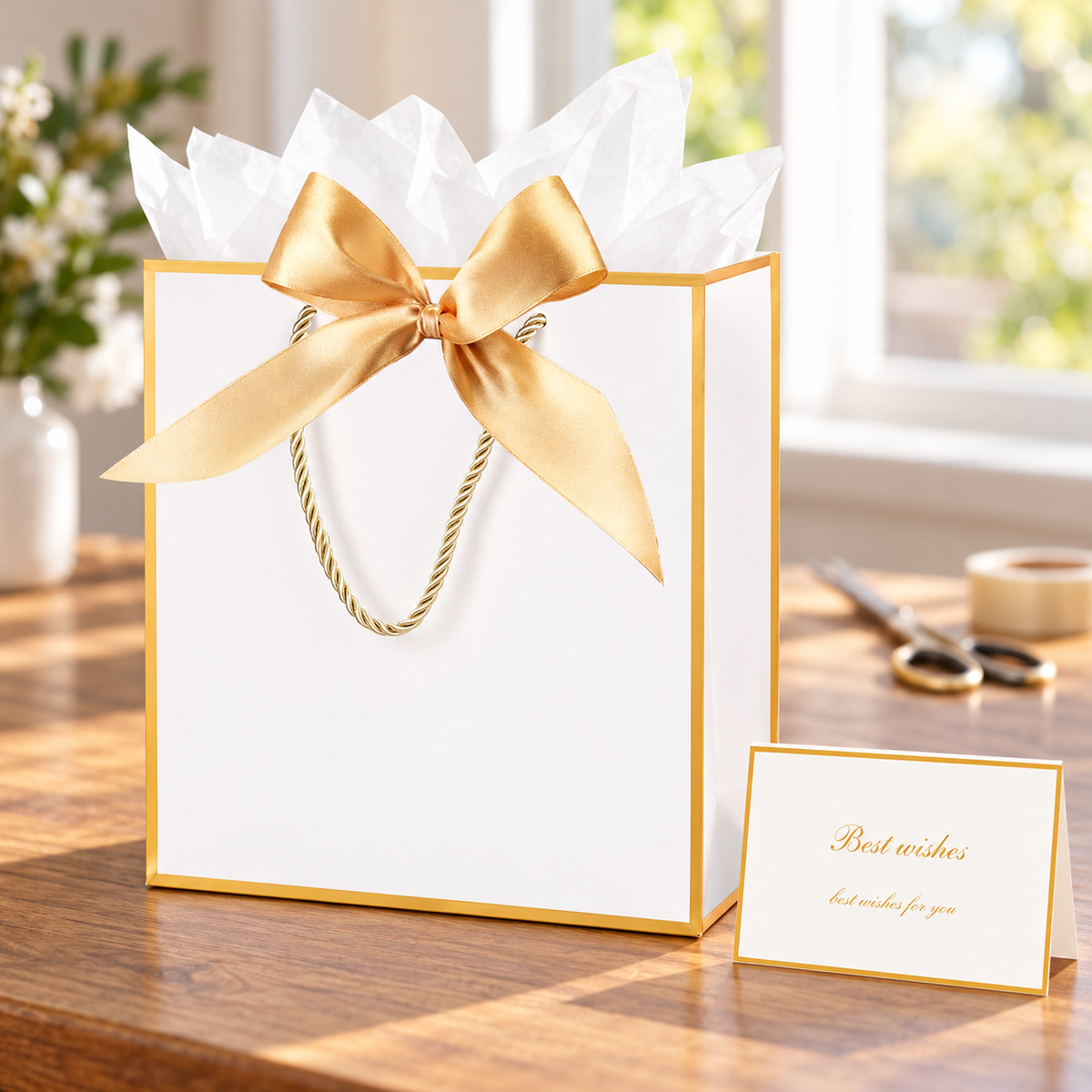 ZJHiome white gift bag with gold ribbon bow: gift-wrapping table; background objects are styling props