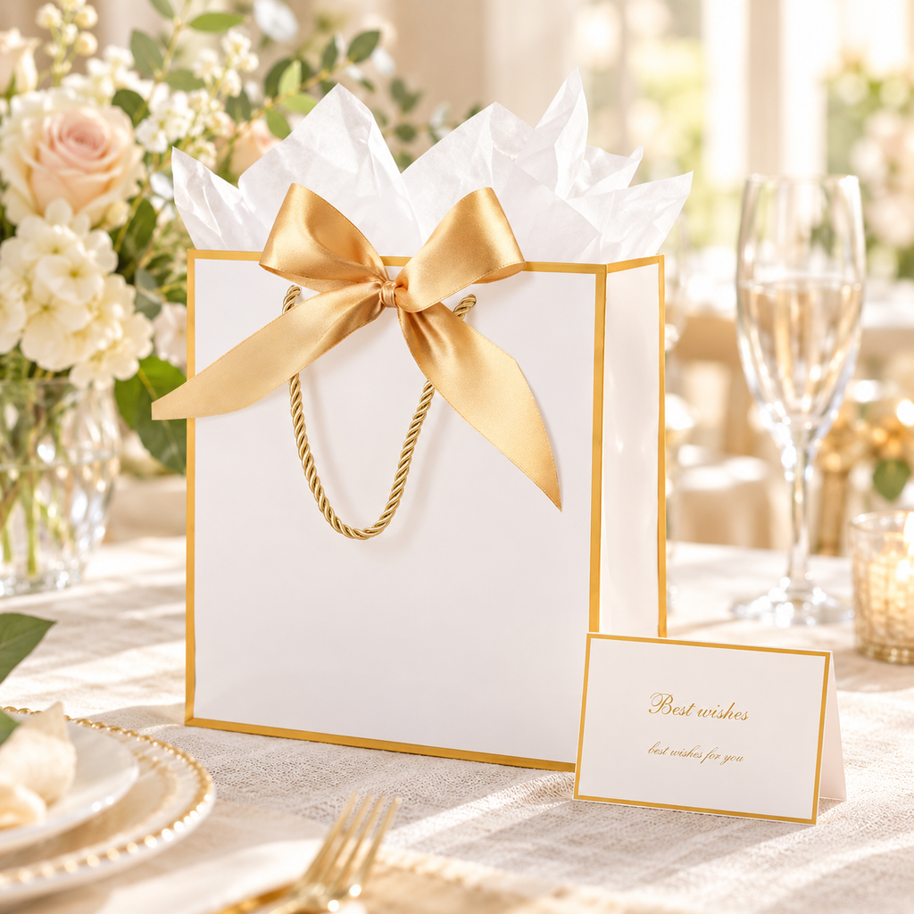 ZJHiome white gift bag with gold ribbon bow: bridal shower table; background objects are styling props