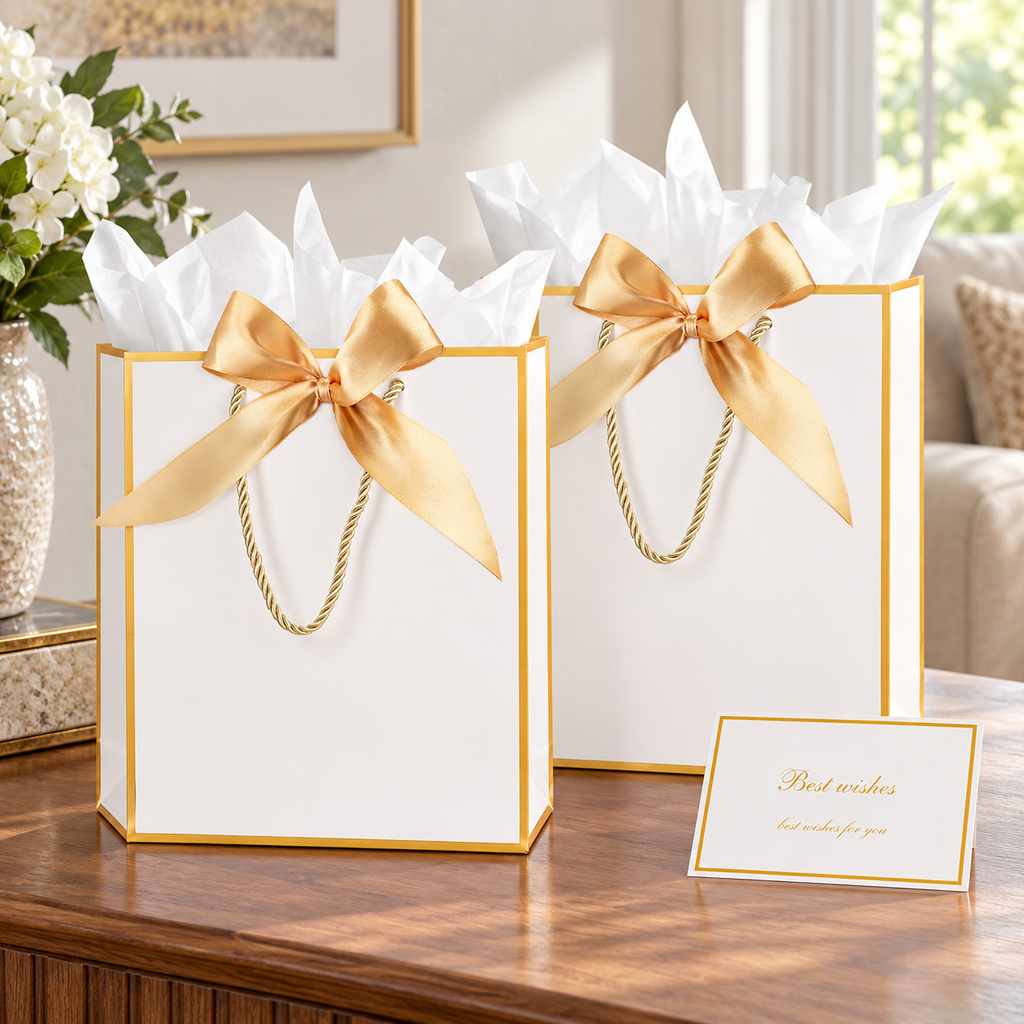 ZJHiome white gift bag with gold ribbon bow: living-room gift set; background objects are styling props