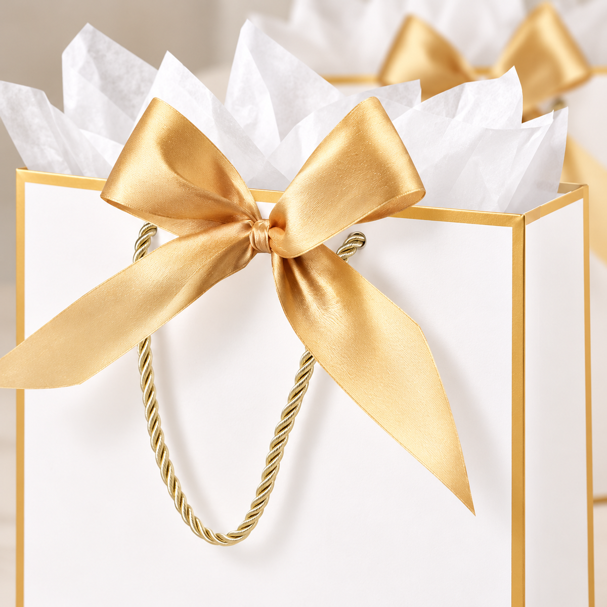 ZJHiome white gift bag with gold ribbon bow: gold bow and cord detail; background objects are styling props