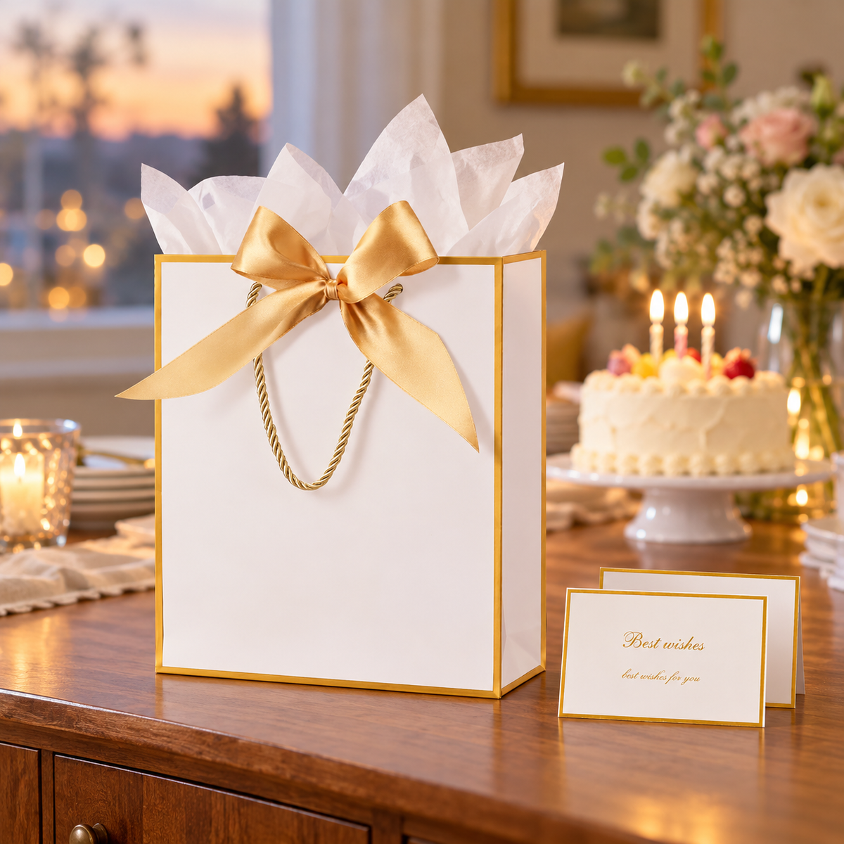 ZJHiome white gift bag with gold ribbon bow: birthday celebration scene; background objects are styling props
